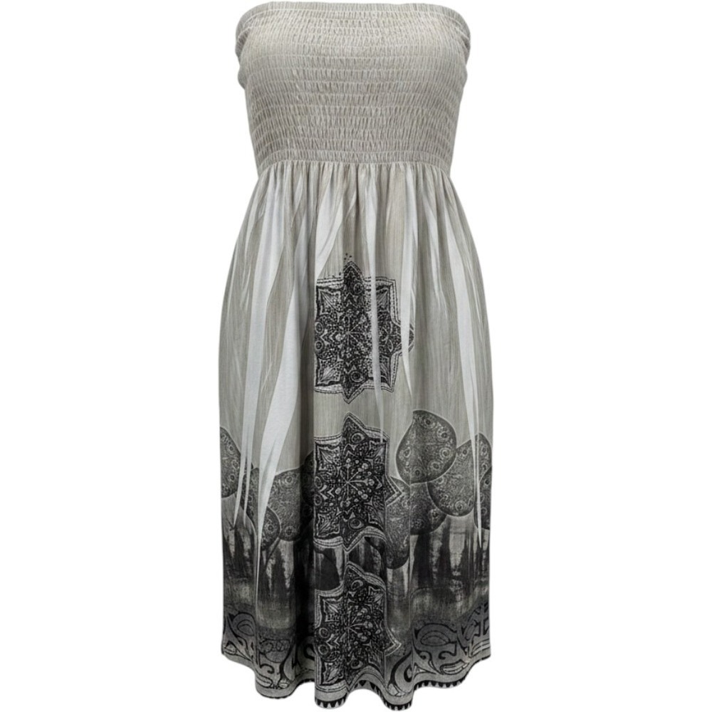 Paradise Company Sz M Gray White Mandala Halter Dress Smocked Beaded Rhinestone